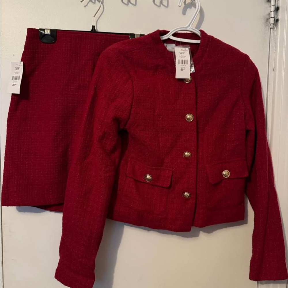 Elegant Red Women's Jacket and Skirt Set
